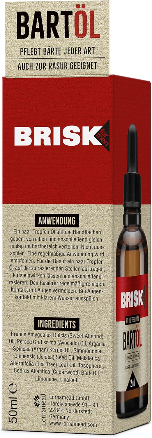 BRISK 2-in-1 Beard Oil for Men, 50 ml, Beard Care with Organic Tea Tree Oil, Absorbs Quickly, for Nourished Skin & Soft Beard Hair, Non-Greasy, Also for Shaving, Face Care for Men