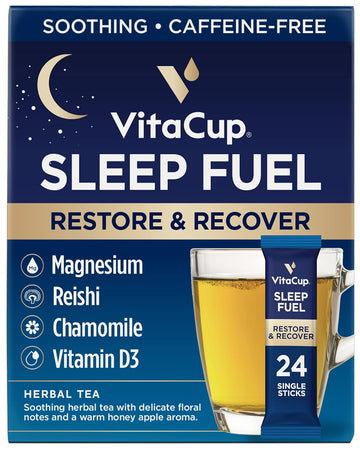 Vitacup Sleep Fuel Instant Tea Packets For Deep Rem Sleep, Relax & De-Stress W/Chamomile Tea, Magnesium, Vitamin D3, Coconut Water, Coconut Milk, Potassium, Calming Tea For Full Body Relaxation, 24Ct