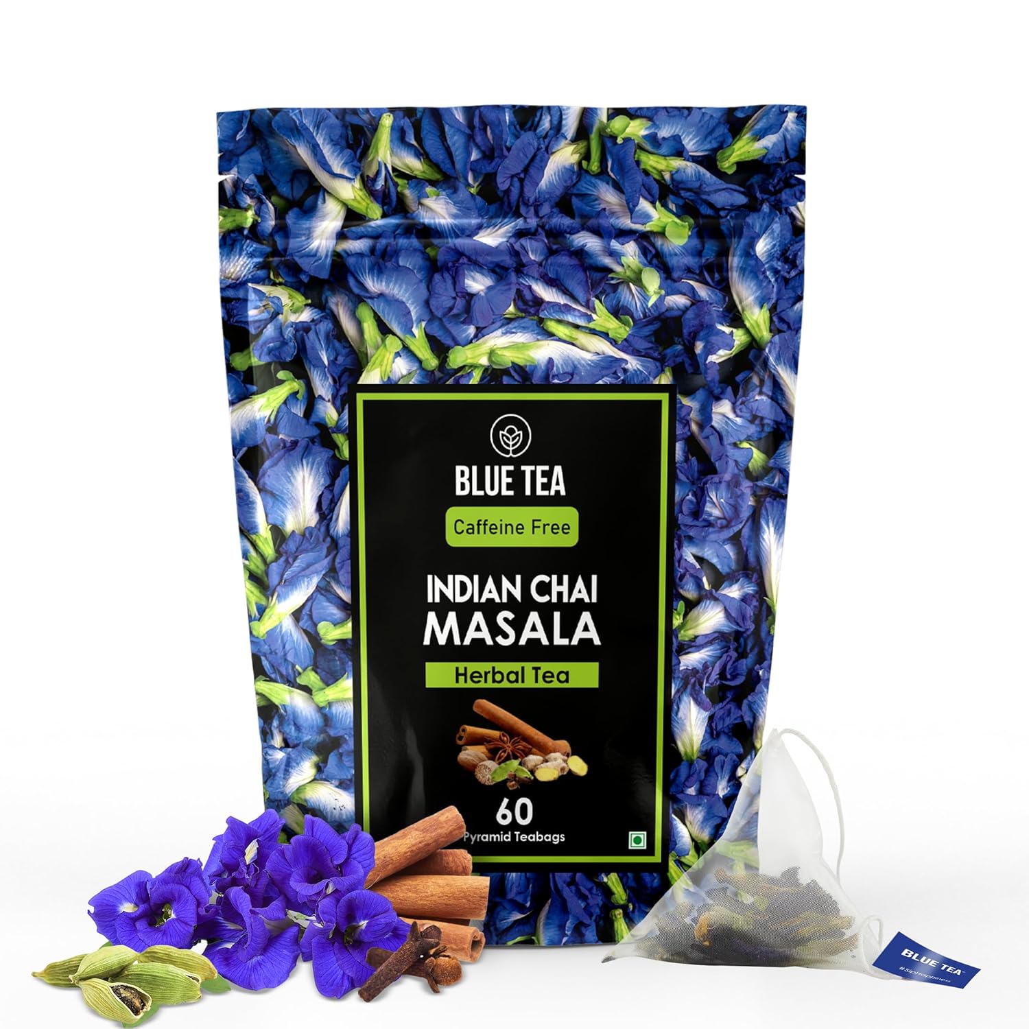 Blue Tea - Indian Chai Masala Tea - 60 Count - Plant Based | Detox Tea | Ginger, Cardamom, Cinnamon | Herbal Tea - 100% Natural - Caffeine Free - Non-Gmo - Vegan | Ziplock Pack