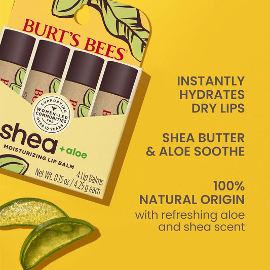 Burt's Bees Lip Balm Mothers Day Gifts for Mom - Shea and Aloe Lip Moisturizer With Responsibly Sourced Beeswax, Tint-Free, Natural Origin Conditioning Lip Treatment, 4 Tubes, 0.15 oz