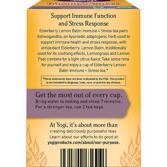 Yogi Organic Elderberry Lemon Balm Immune + Stress Herbal Tea, Caffeine Free, 16 Bags (Pack Of 6)