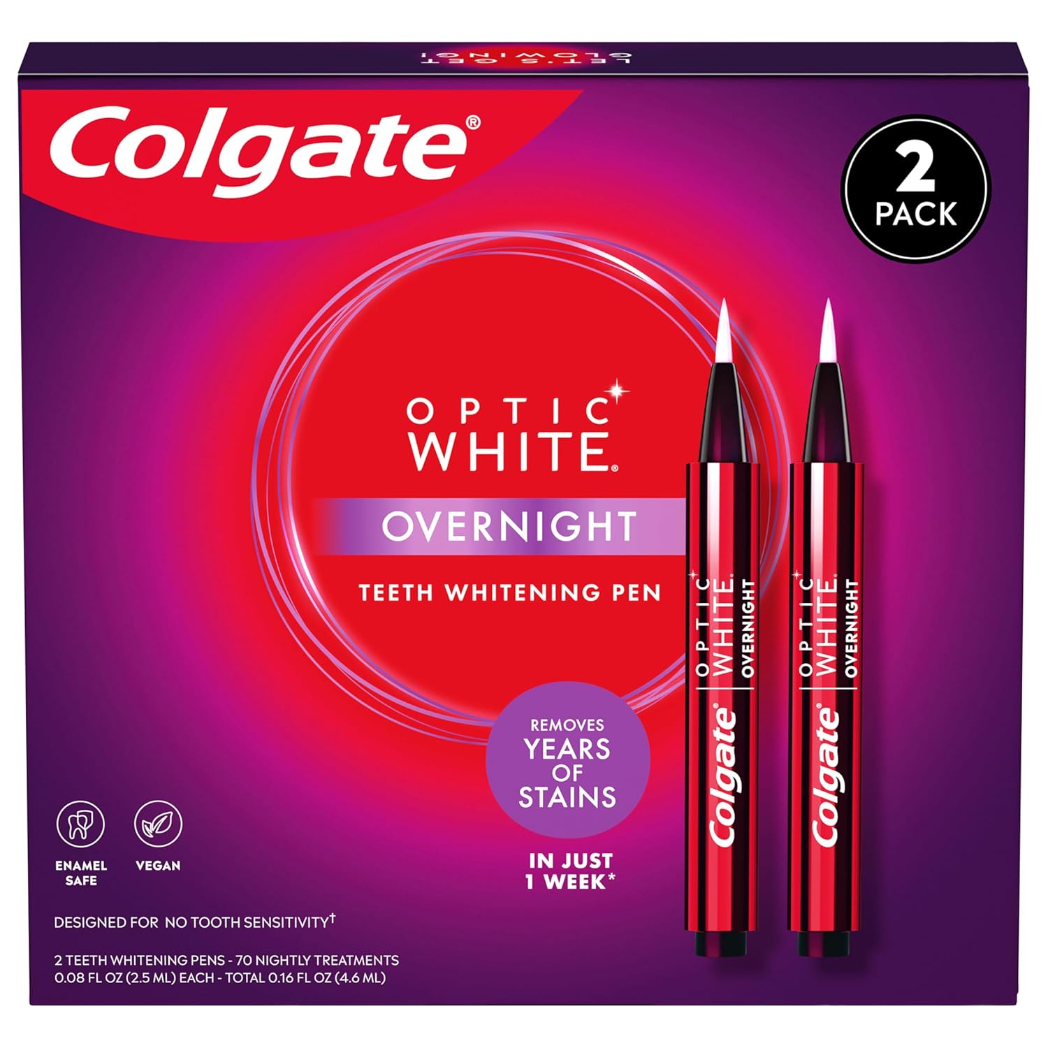 Colgate Optic White Overnight Teeth Whitening Pen, Enamel Safe And Vegan, Teeth Stain Remover To Whiten Teeth, Teeth Whitening For Sensitive Teeth, 35 Nightly Treatments Per Pen, 0.08 Oz,2 Pack