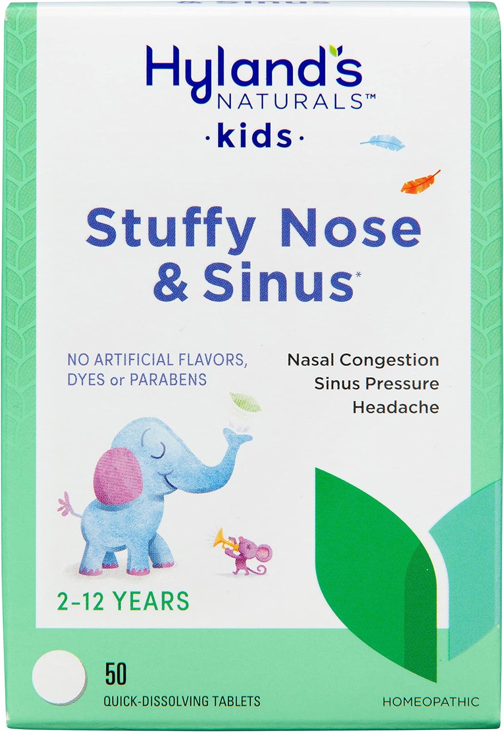 Hyland'S Kids Stuffy Nose & Sinus Tablets, Cold & Allergy Medicine For Children Ages 2+, Headache Relief & Nasal Decongestant, Quick Dissolving Tablets, 50 Count