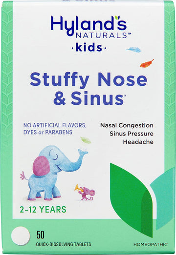 Hyland's Naturals Kids Stuffy Nose & Sinus Tablets, Cold & Allergy Medicine for Children Ages 2+, Headache Relief & Nasal Decongestant, Quick Dissolving Tablets, 50 Count