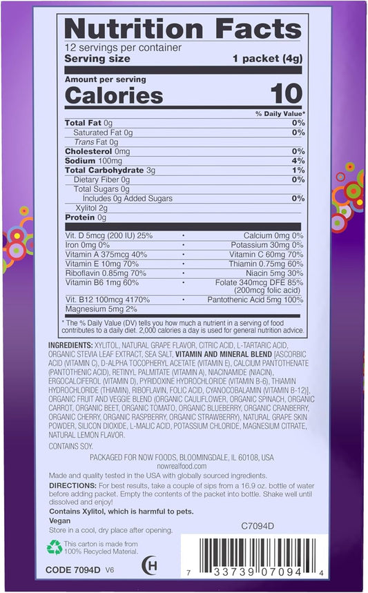 Now Foods, Slender Sticks, Grape Flavor, Sugar-Free Drink Sticks With Electrolytes For Your Active Lifestyle, 10 Calories/Stick, 12/Box