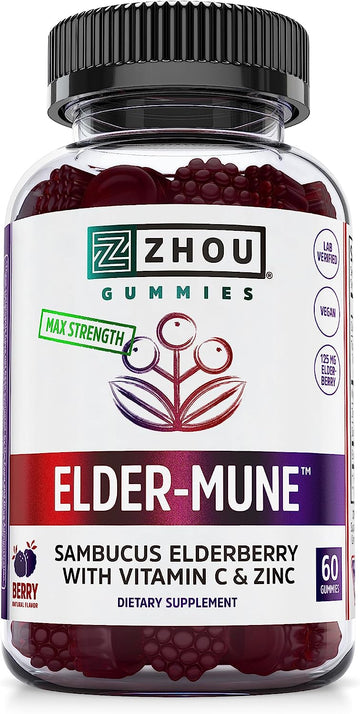 Zhou Nutrition Elder-Mune Sambucus Elderberry Gummies with Zinc and Vitamin C for Kids & Adults (Age 4+) Immune Support with Antioxidants, Vegan, Gluten Free, Non-GMO, 30 Servings, 60 Gummies