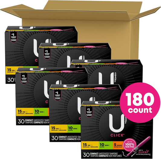 U By Kotex Click Multipack Tampons, Compact, Regular/Super/Super Plus Absorbency, Unscented, 180 Count (6 Packs Of 30) (Packaging May Vary)