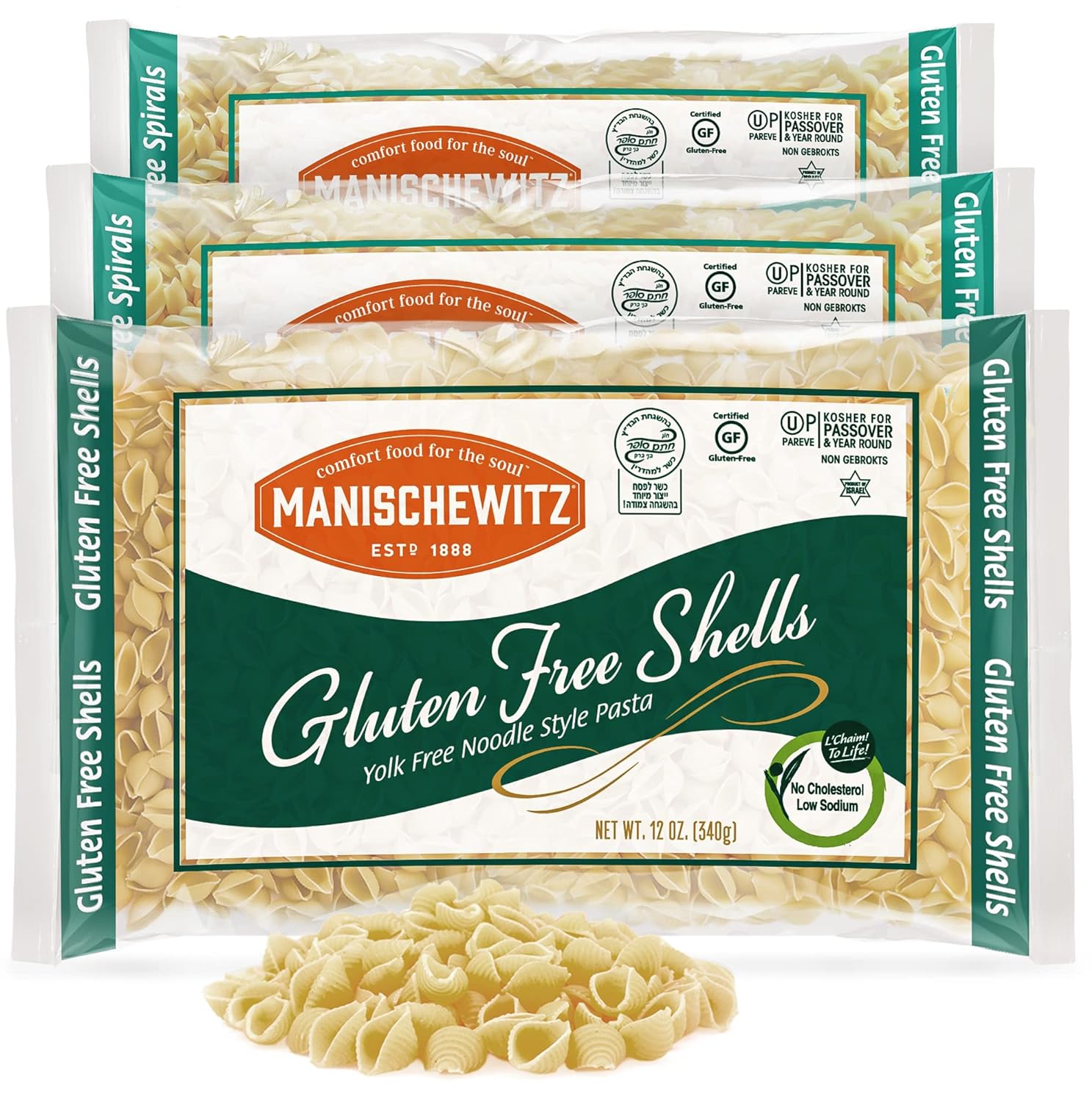 Manischewitz Gluten Free Shells, 12oz (3 Pack) All Natural, Yolk Free, Low Sodium, Kosher for Passover and Year Round