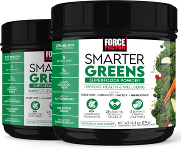 Force Factor Smarter Greens Superfoods Powder, 2-Pack, Supports Digestion And Bloating, Immunity, And Energy, Greens Powder With Probiotics, Digestive Enzymes, Antioxidants, And Fiber, 60 Servings