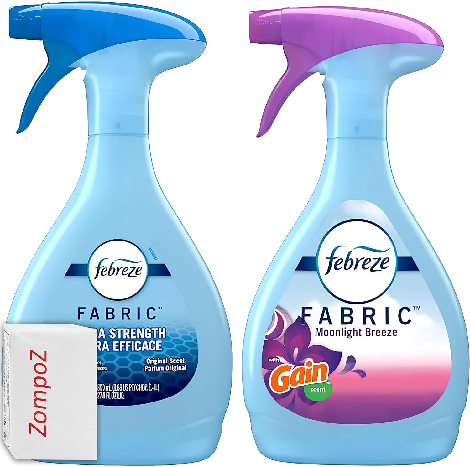 Febreze Fabric Refresher With Gain Combo Pack, Odor Eliminator Spray, For Couches and Upholstery, Original Gain and Moonlight Gain Scents, 27 Oz Each + Bonus Zompo-Z Tissue Packet