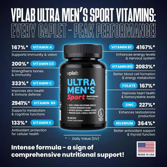 VPLab Ultra Men's Sport - Vitamin A, B, C, D3, E, Calcium, Zinc - Advanced Multivitamin Complex for Men - Supplement for Immune System & Nervous System, Supports Muscle & Heart Functions