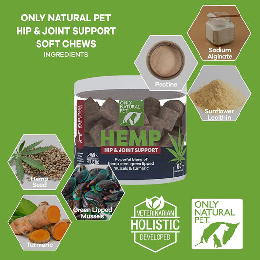 Only Natural Pet Hemp Hip & Joint Support for Dogs - Supplement for Mobility Wellness Pain Relief Healthy Inflammatory & Bone Stiffness - Chews w/Fatty Acid Blend Mussels & Turmeric - 60 Count