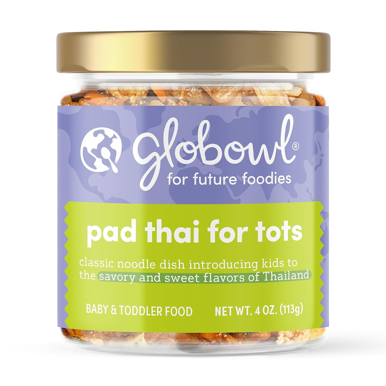 Globowl Stage 3 Baby Food & Toddler Meals, 6+ Months Early Allergen Introduction, Baby Led Weaning, International Whole Food Snacks For Toddlers, Babies, 4 Oz Glass Jar, Pad Thai For Tots