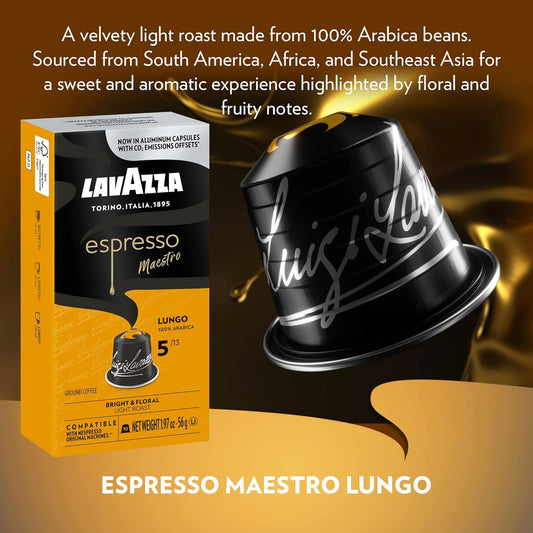 Lavazza Espresso Lungo Light Roast 100% Arabica Aluminum Capsules Compatible With Nespresso Original Machines (Pack Of 60) ,Value Pack, Sweet And Aromatic, Floral Fruity Notes, Intensity 5 13