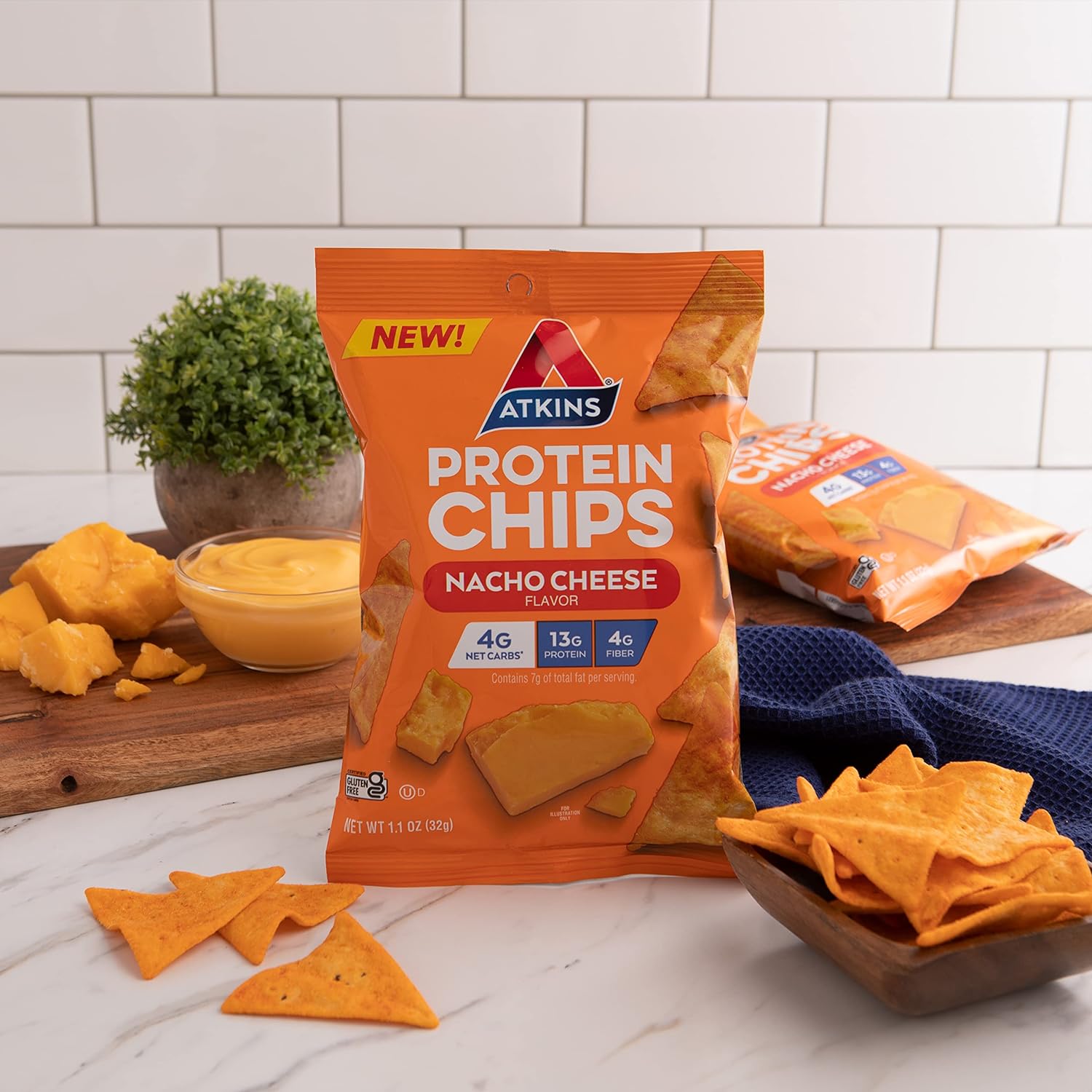 Atkins Nacho Cheese Protein Chips, 4G Net Carbs, 13G Protein, Gluten Free, Low Glycemic, Keto Friendly, 12 Count