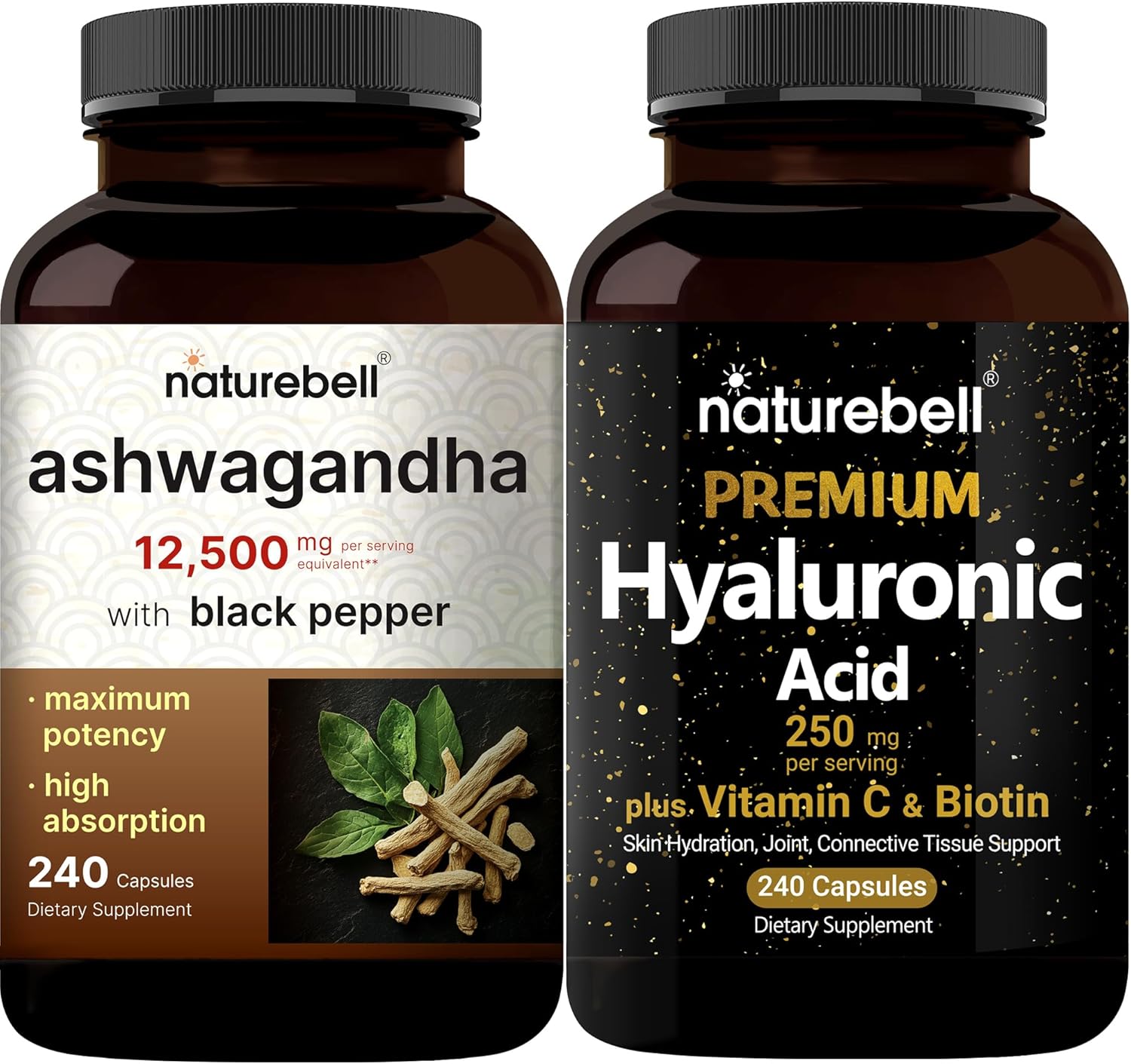 Naturebell Hyaluronic Acid Capsules With Biotin + Vitamin C & Ashwagandha 12,500 Mg Equivalent With Black Pepper Bundle Pack | Complete Beauty Care Complex | Adaptogens Supplements For Relaxation