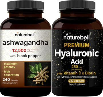 Naturebell Hyaluronic Acid Capsules With Biotin + Vitamin C & Ashwagandha 12,500 Mg Equivalent With Black Pepper Bundle Pack | Complete Beauty Care Complex | Adaptogens Supplements For Relaxation