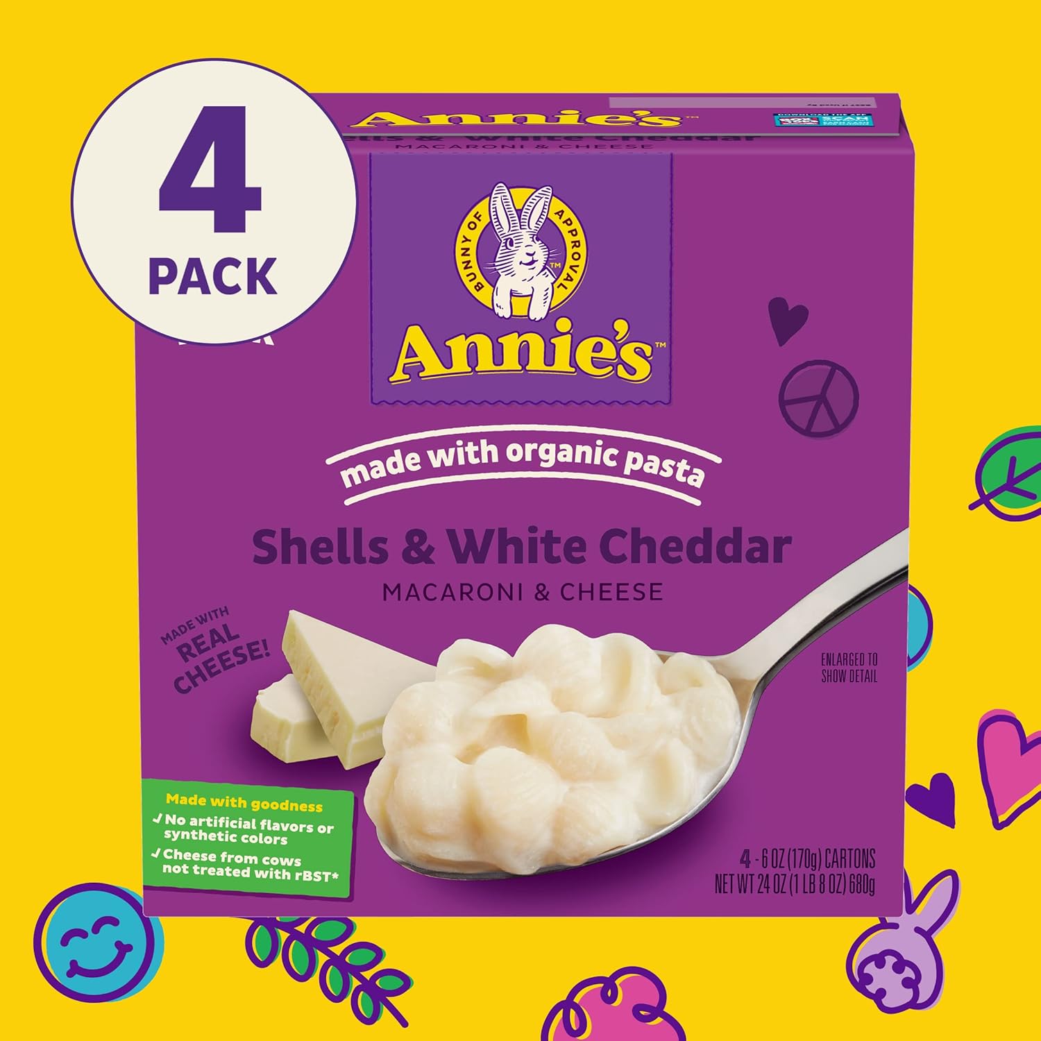 Annie’S White Cheddar Shells Macaroni & Cheese Dinner With Organic Pasta, 4 Ct, 6 Oz Boxes