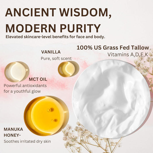 Whipped Beef Tallow For Skin - 100% Pure, Grass Fed Tallow Moisturizer For Face And Body - Organic Honey Beef Balm For Sensitive Skin - Quick Absorbing Hydration (Unscented)