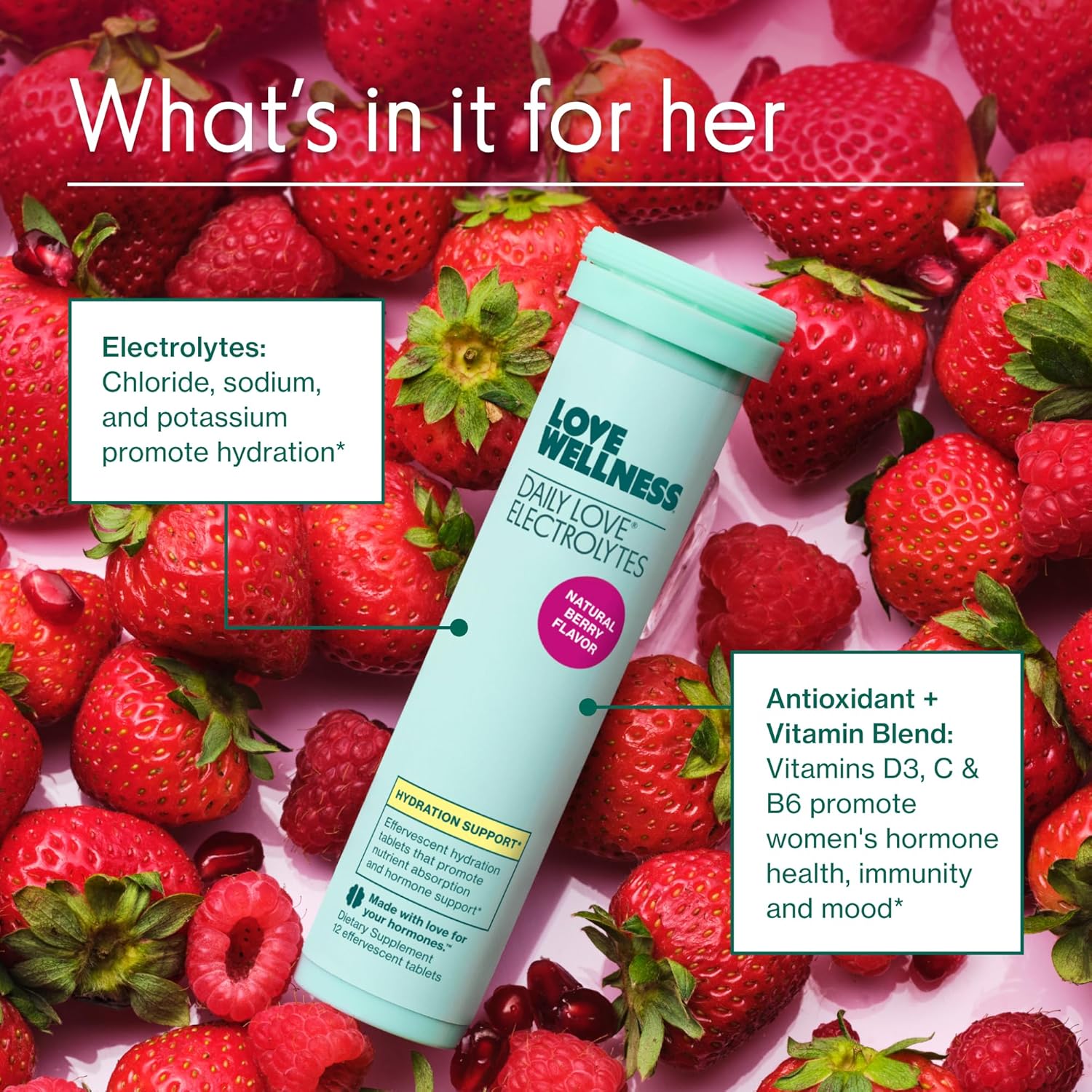 Love Wellness Daily Love Electrolytes | Hydration Tablets For Women | Supports Nutrient Absorption | Healthy Hormone Balance | Energy | Healthy Cortisol Level | Health Mood | 12 Tablets, Berry Flavor : Health & Household
