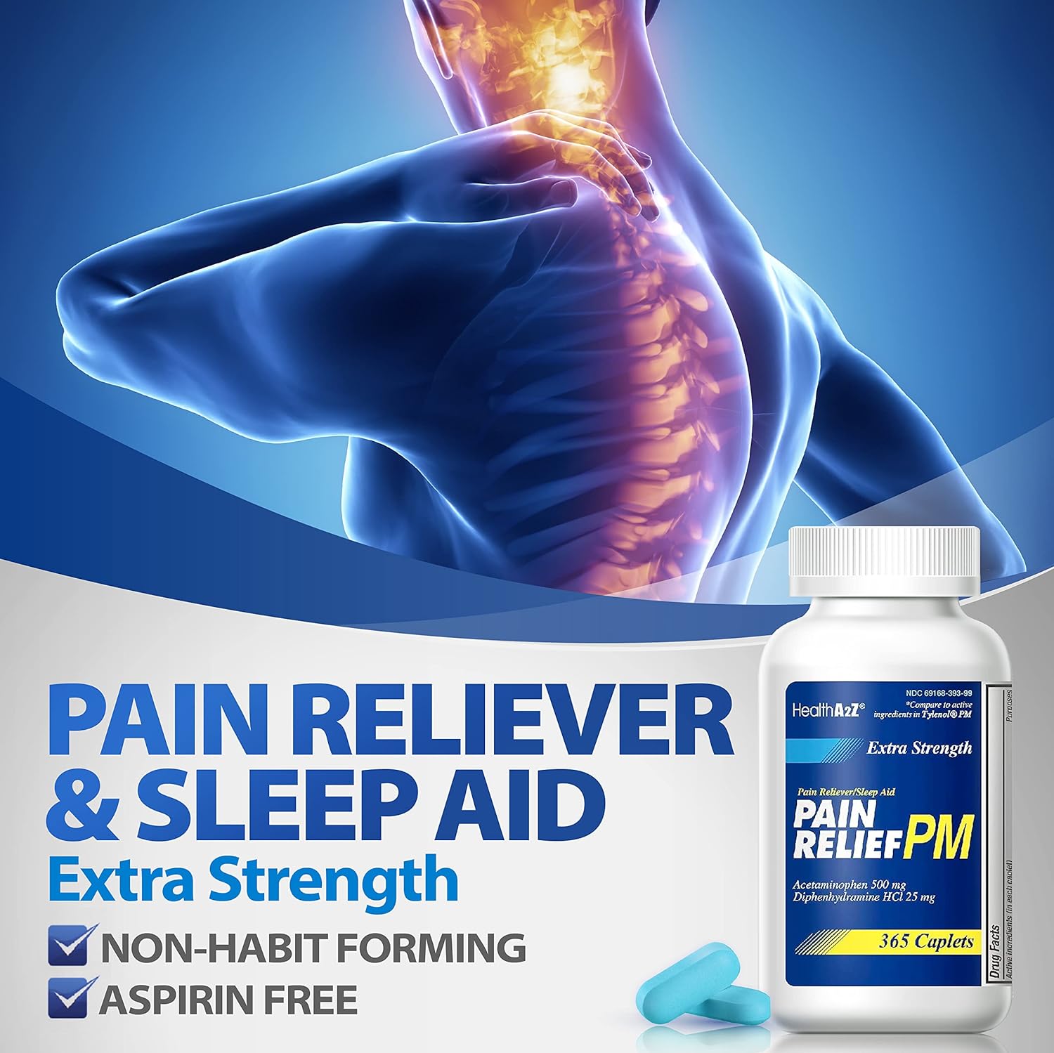 HealthA2Z® Extra Strength Pain Relief PM| Acetaminophen 500mg | Diphenhydramine 25mg | Pain Reliever & Nighttime Sleep Aid | Non-Habit Forming (365 Count (Pack of 1)) : Health & Household