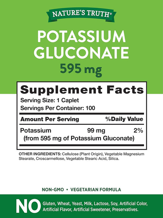 Nature'S Truth Potassium Gluconate 595Mg | 100 Capsules | Vegetarian, Non-Gmo, Gluten Free Supplement