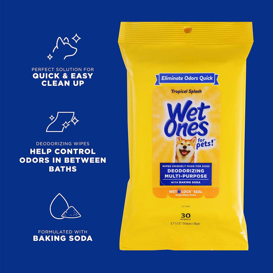 Wet Ones for Pets Deodorizing Multi-Purpose Dog Wipes With Baking Soda | Dog Deodorizing Wipes For All Dogs in Tropical Splash Scent, Wet Ones Wipes with Wet Lock Seal | 30 Ct Pouch Dog Wipes 1 Pack