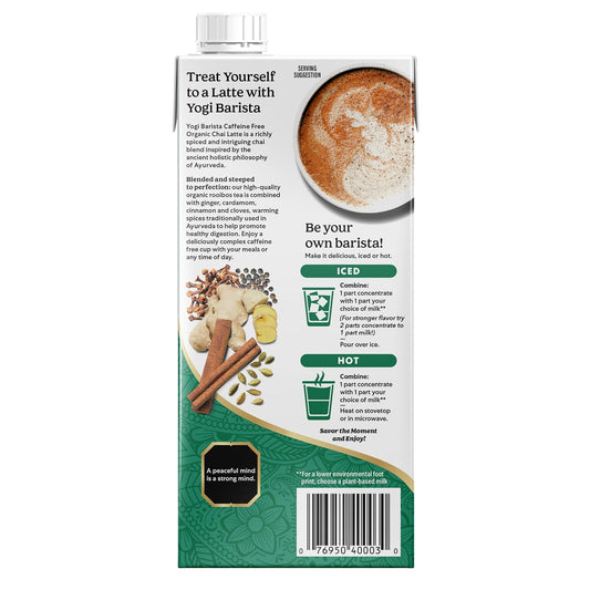 Yogi Barista Caffeine-Free Organic Chai Latte - 32 Fluid Oz (6 Pack) - Organic Chai Tea Concentrate - Supports Healthy Digestion - Includes Rooibos Tea, Ginger, Cardamom, Cinnamon & More