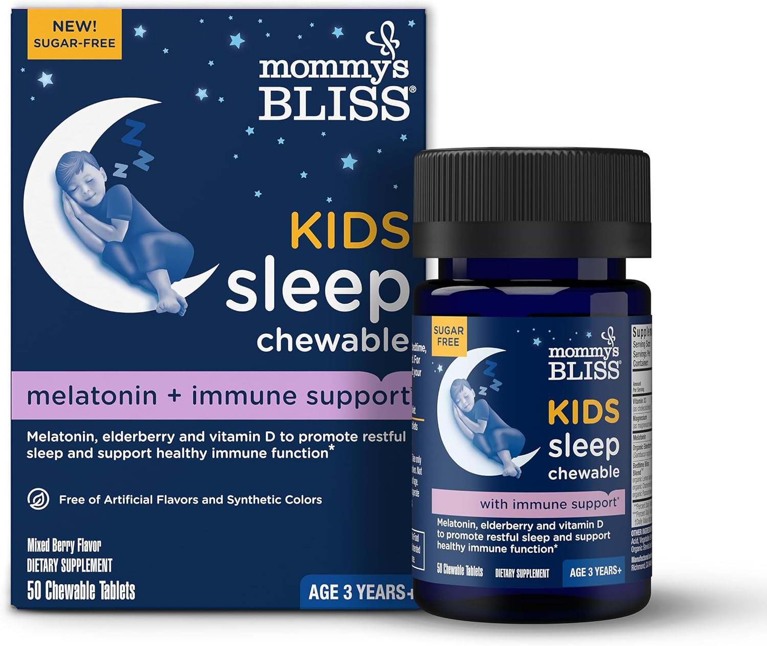 Mommy'S Bliss Kids Sleep + Immunity 1 Mg Melatonin Chewable, Contains Magnesium, Elderberry, And Vitamin D, Sugar Free, 3 Years+, 1 Bottle (50 Tablets)