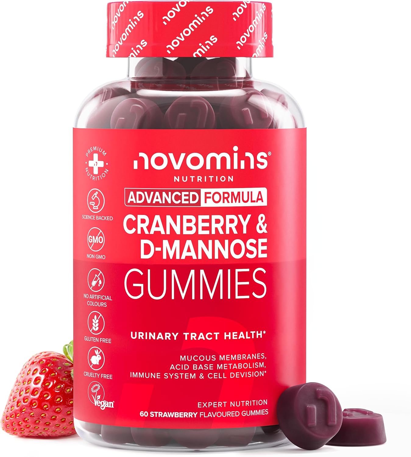 Cranberry & D Mannose Gummies - Urinary Tract Health & Bladder Control - Vegan - Alternative To Cranberry Tablets, Juice, Or D Mannose Powder - Inulin, Magnesium - 60 Gummies - Novomins