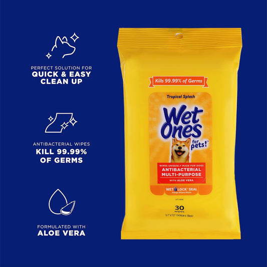 Wet Ones for Pets Multi-Purpose Dog Wipes with Aloe Vera Dog Wipes for All Dogs in Tropical Splash Scent, Wipes with Wet Lock Seal Pouch Dog Wipes (Pack of 1, 30 Count Total)