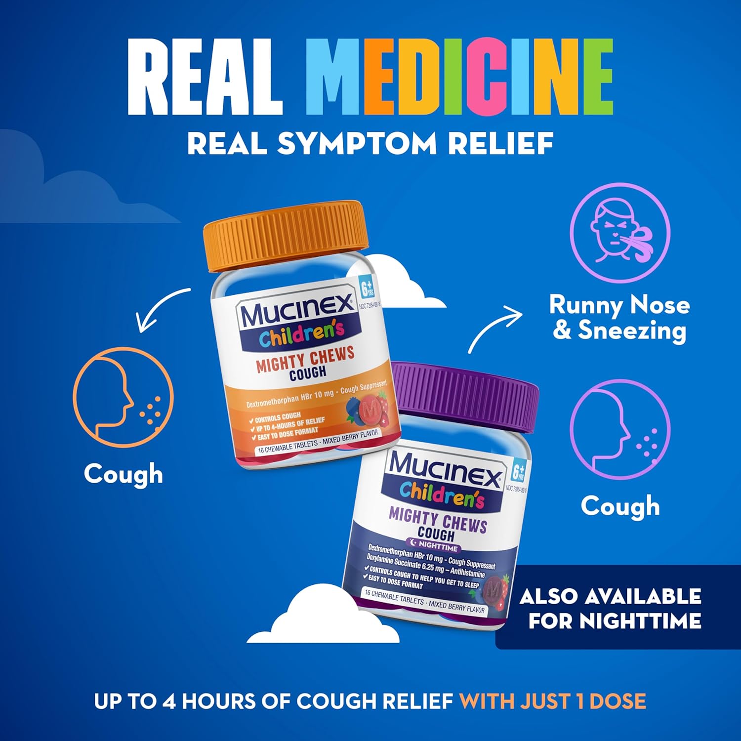 Mucinex Children'S Mighty Chews Nighttime Kids Cough Medicine, Easy To Dose Cough Suppressant With Dextromethorphan, Kids Travel Medicine For Cough, Mixed Berry Flavor, 16 Medicated Chewable Tablets : Health & Household