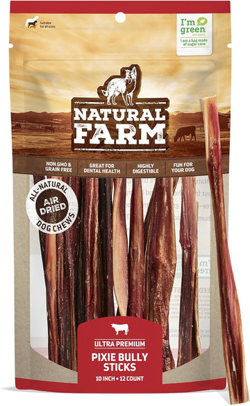 Natural Farm Gullet Jerky Sticks (10”, 12-Pack), Fully Digestible Beef Esophagus, Grain-Free, Odor-Free - Best For Light, Pups & Senior Chewers