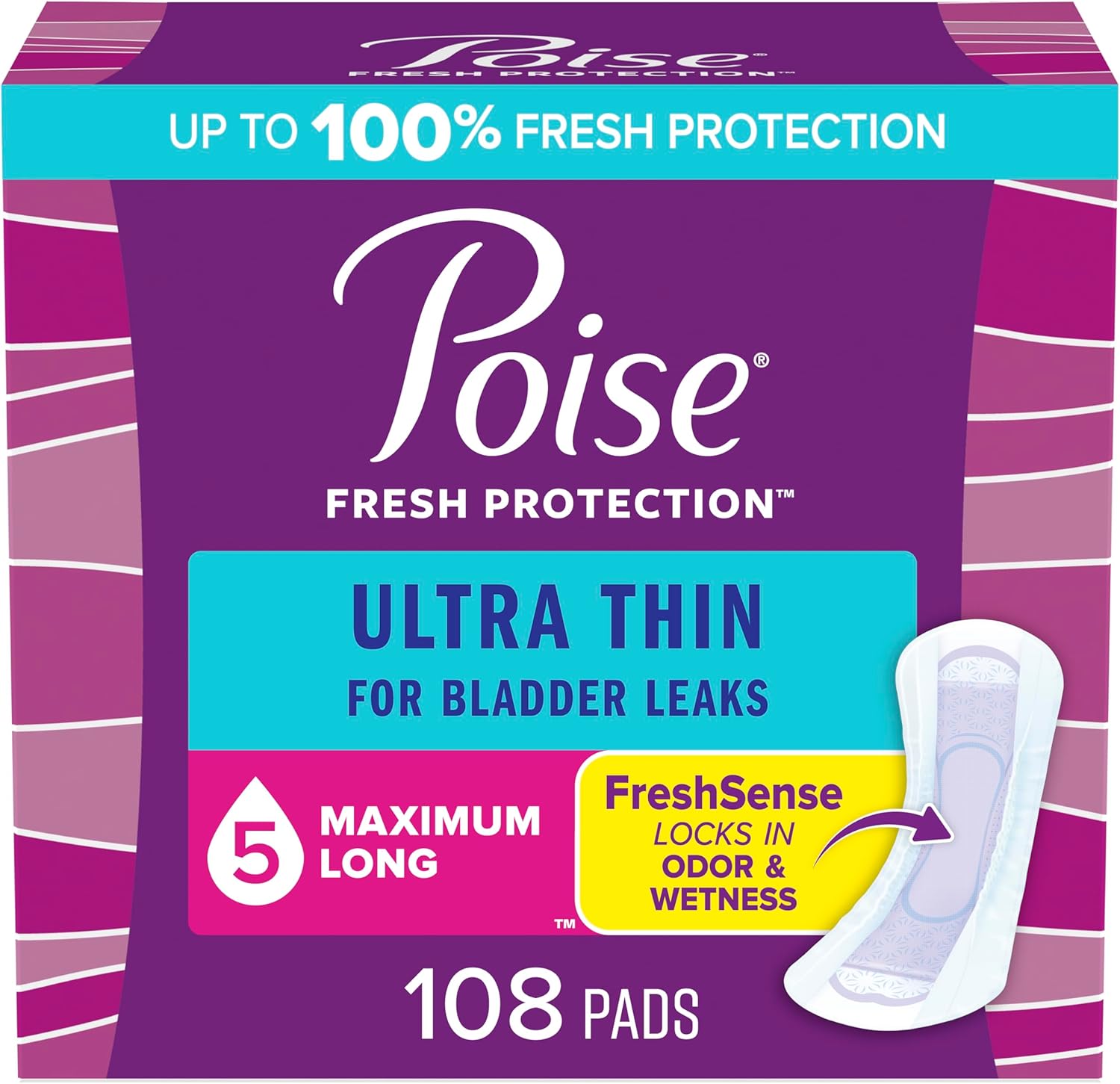 Poise Ultra Thin Incontinence Pads & Postpartum Incontinence Pads, 5 Drop Maximum Absorbency, Long Length, 108 Count (3 Packs Of 36), Packaging May Vary