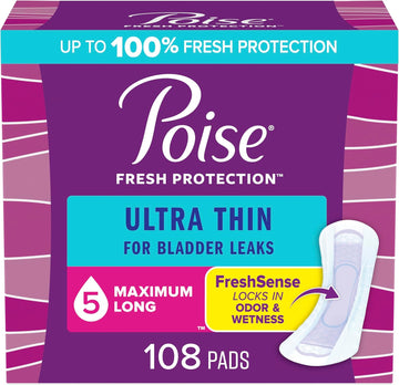 Poise Ultra Thin Incontinence Pads & Postpartum Incontinence Pads, 5 Drop Maximum Absorbency, Long Length, 108 Count (3 Packs Of 36), Packaging May Vary