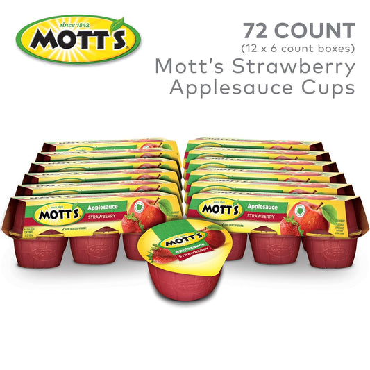 Mott'S Strawberry Applesauce, 4 Oz Cups, 72 Count (12 Packs Of 6), No Artificial Flavors, Good Source Of Vitamin C, Nutritious Option For The Whole Family