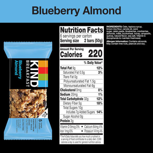 Kind Breakfast, Healthy Snack Bar, Blueberry Almond, Gluten Free Breakfast Bars, 100% Whole Grains, 1.76 Oz Packs (6 Count)