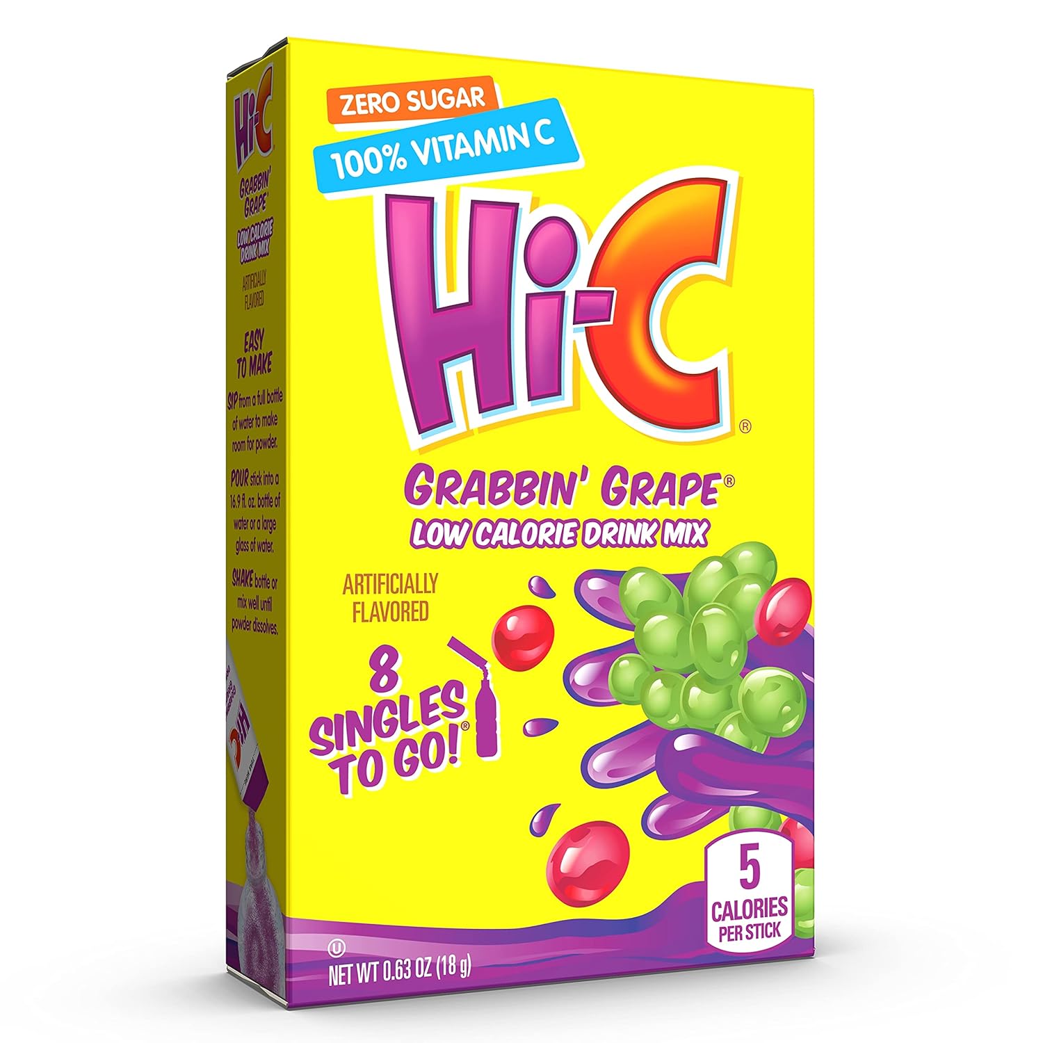 Hi-C Singles To Go Grabbin' Grape, Zero Sugar Powdered Drink Mix, Excellent Source Of Vitamin C, 12 Boxes With 8 Packets In Each Box, 96 Total Packets