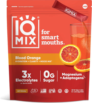 Iqmix Sugar Free Electrolytes Powder Packets - Hydration Supplement Drink Mix With Keto Electrolytes, Lions Mane, Magnesium L-Threonate, And Potassium Citrate - Blood Orange (40 Count)