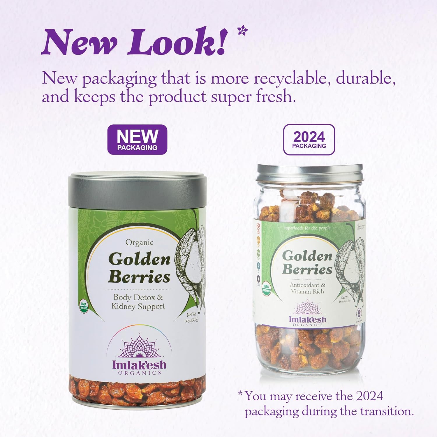 Imlak’Esh Organics - Organic Golden Berries - Superfruit Berries With Antioxidants And Vitamin C - Healthy Vegan Snacks With No Added Sugar - Non-Gmo, And Gluten Free (16Oz Glass Jar)