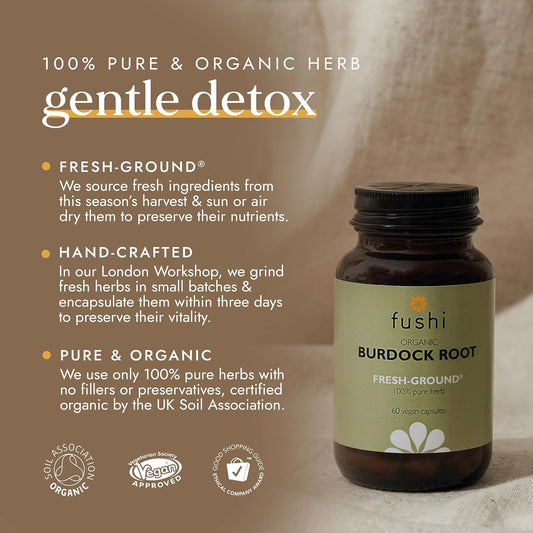Fushi Organic Burdock Root (Arctium) Capsules, 60 Caps | Fresh-Ground Whole Food | Indigenously Sourced, Ethical, Vegan, Made In The Uk