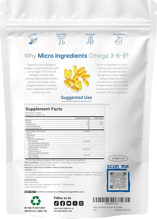 Ultra Omega 3-6-9 3600Mg Per Serving, 300 Burpless Softgels | Lemon Flavor – Blend Of Fish, Flaxseed, Borage Oils | Bioavailable Source, Non-Gmo, No Gluten, Mercury Free