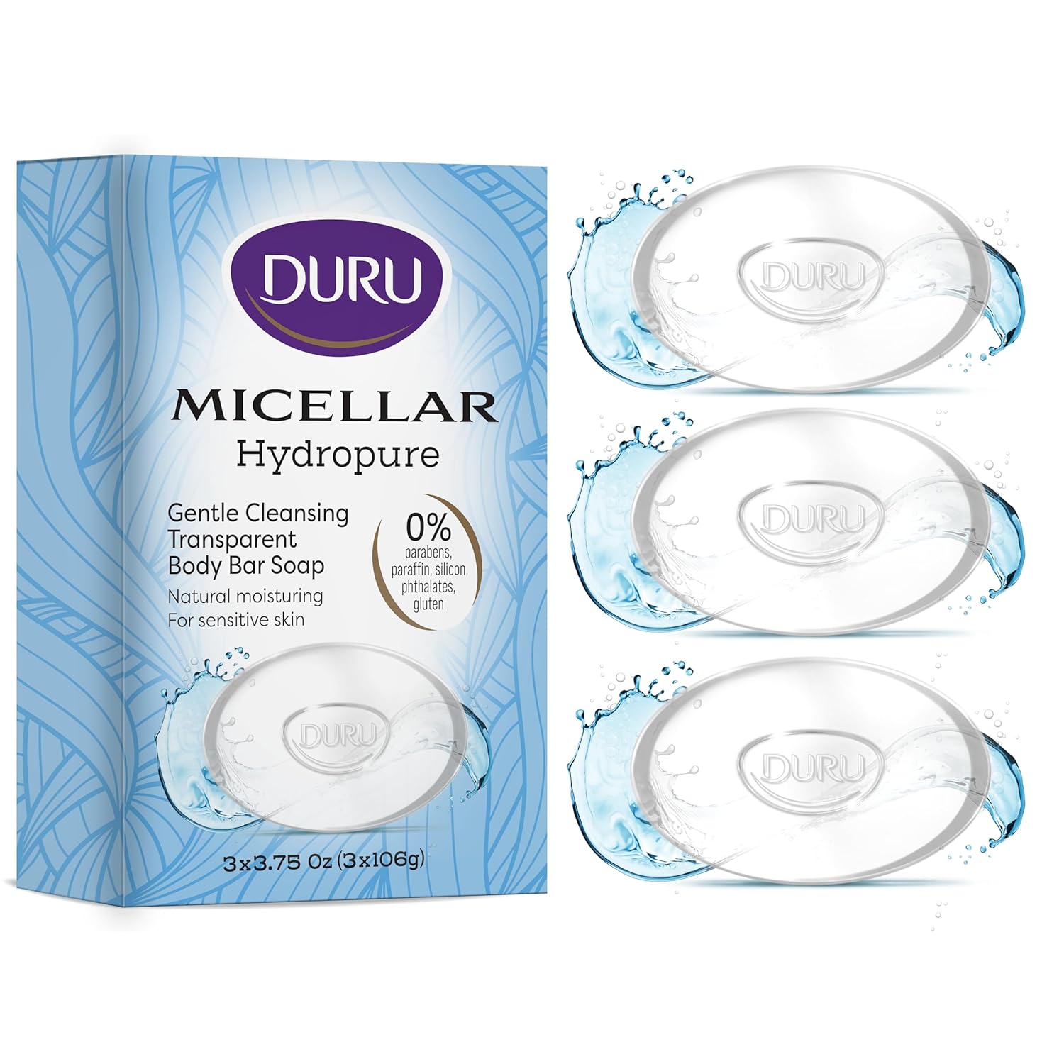 Duru Hydropure Micellar Glycerin Bar Soap - Vegan Transparent Cleansing Bar Moisturizing Sensitive Skin Bar Soap Wash for Women and Men Plant Based Skin Care - 3 Pack