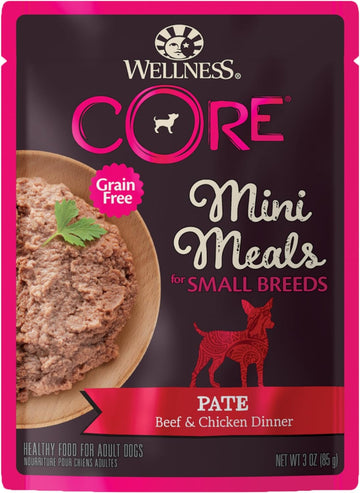 Wellness Core Natural Grain Free Small Breed Mini Meals Wet Dog Food, Pate Beef & Chicken Dinner, 3-Ounce Pouch (Pack Of 12)