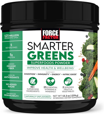 FORCE FACTOR Smarter Greens Superfoods Powder, Greens Powder with Probiotics, Digestive Enzymes, Antioxidants, and Fiber, Superfood Powder to Support Digestion, Immunity, and Energy, 30 Servings