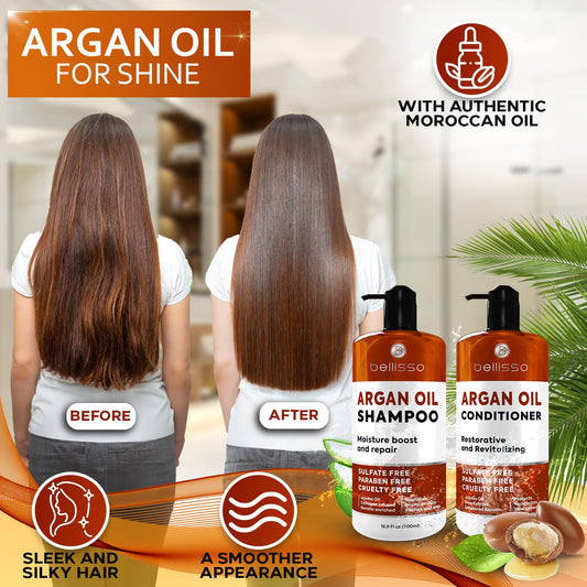 Moroccan Argan Oil Shampoo and Conditioner Set - Sulfate Free with No Parabens - Botanicals for Women and Men - Professional Moisturizing, Anti Frizz, Hydrating Solution for Dry, Wavy and Curly Hair