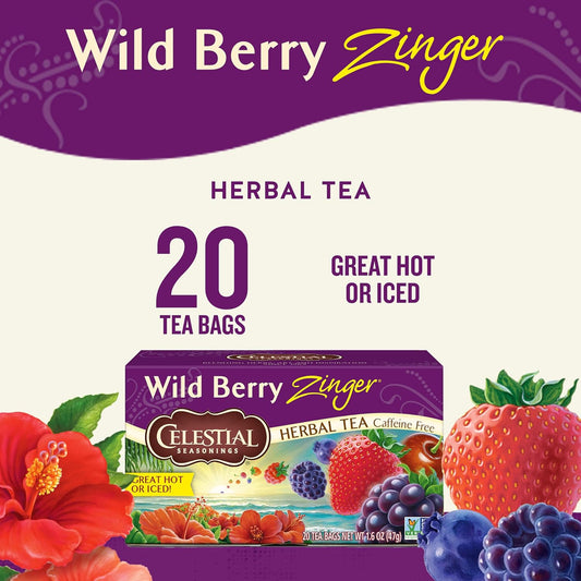 Celestial Seasonings Wild Berry Zinger Herbal Tea, Caffeine Free, 20 Tea Bags Box, (Pack Of 6)