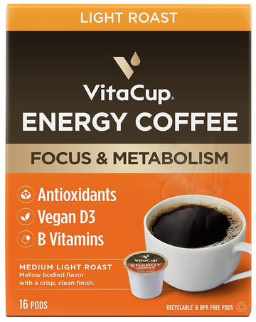 Vitacup Energy Light Roast Coffee Pods, Boost Focus & Metabolism, Antioxidants, B Vitamins, Crisp & Smooth,100% Arabica Coffee, Recyclable Single Serve Pod Compatible With Keurig K-Cup Brewers,16 Ct