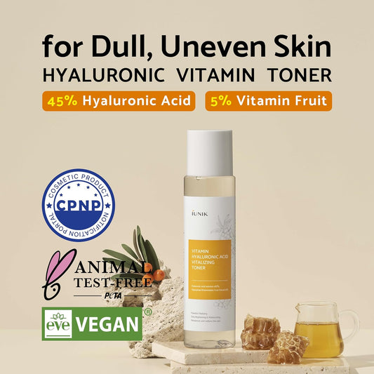 Iunik Vitamin C Vegan Face Toner With 45% Hyaluronic Acid Facial Moisturizer 6.7 Fl Oz - Nourishing Hydrating Sensitive Vitalizing Sensitive Dry Skin Deep Nourishing