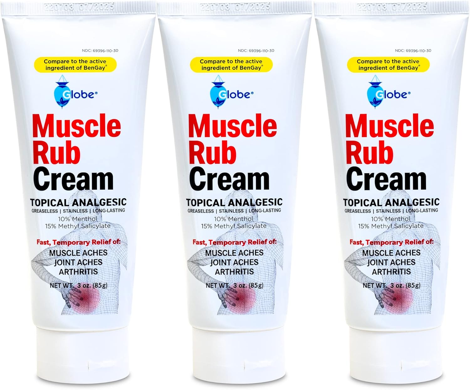 (3 Pack) Globe Ultra Strength Greaseless Muscle Rub Cream (3 Oz). Compare To The Active Ingredients Of Greaseless Bengay, 10% Menthol & 15% Methyl Salicylate (3 Pack)